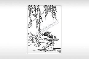 春风图柳树鸟儿戏水荷塘PLT格式激光打标文件通用矢量图