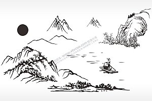 渔夫摇船山河泼墨山水画匾额PLT格式激光打标文件通用矢量图
