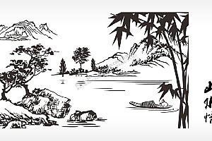 山水情泼墨山水画匾额PLT格式激光打标文件通用矢量图